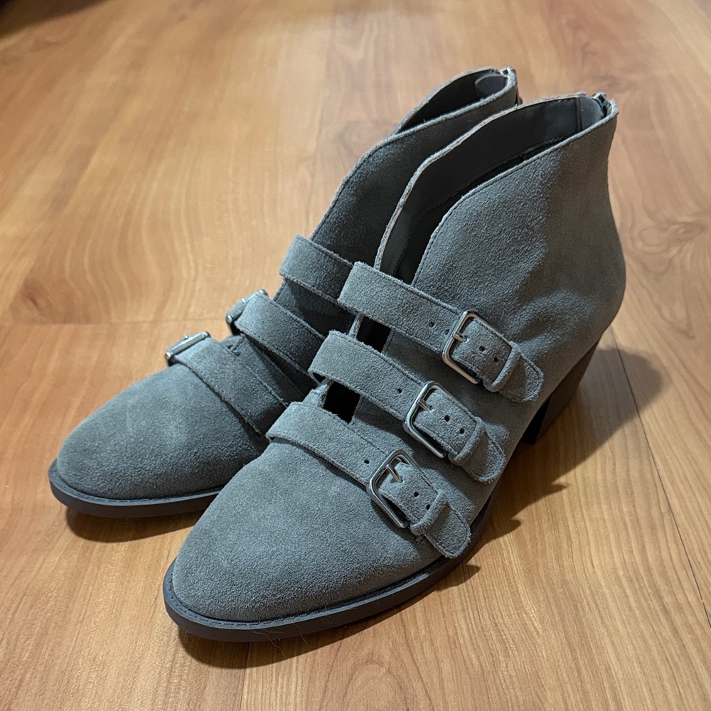 Nine West Triple-Buckle Suede Ankle Booties in Gray